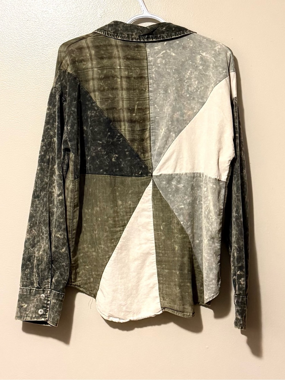 Mystree Patchwork Button-Down Shirt in Olive, Gray & Cream